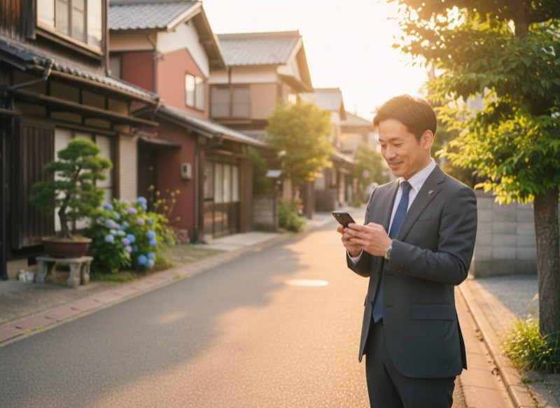 外出先の住宅街でスマートフォンからAI秘書に予定を確認しているイメージ